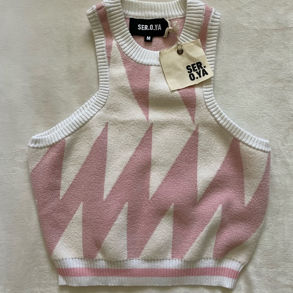 SER.O.YA Pink White Women's Razorback Cropped Fuzzy Preppy Revolve Sweater Vest